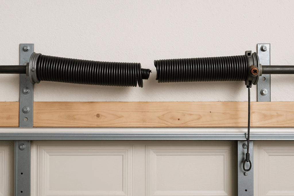 Close-up of a broken garage door torsion spring, highlighting urgent need for garage door repairs.