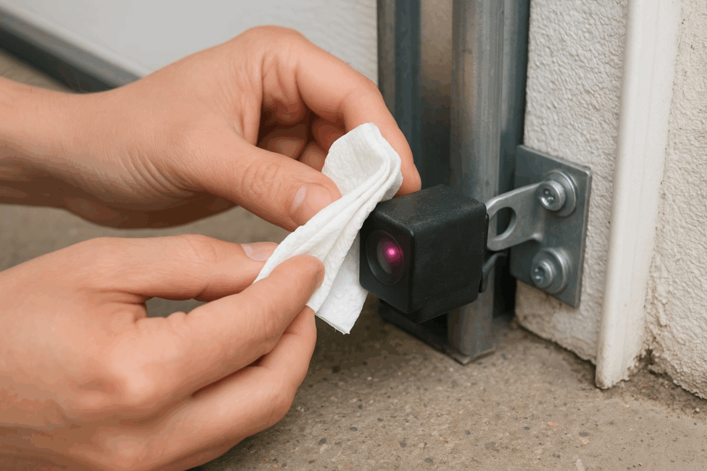 Hands cleaning garage door photo-eye sensor for safety and proper operation during garage door repairs.