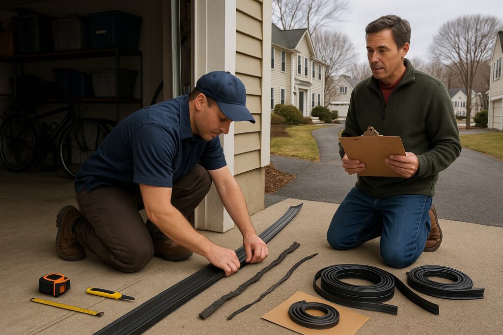 Technician preparing garage door weather stripping materials for installation while homeowner observes.