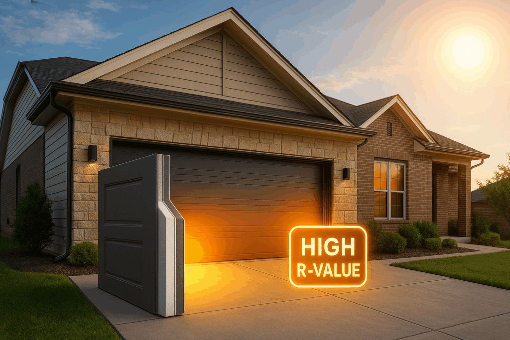 Energy-efficient insulated panel upgrade used to repair garage door with high R-value for better home efficiency.