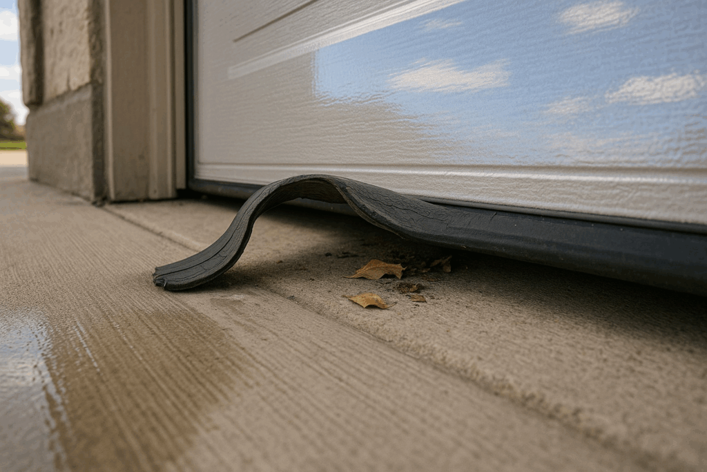 Close-up of damaged bottom seal showing need to repair garage door weather stripping for better protection.